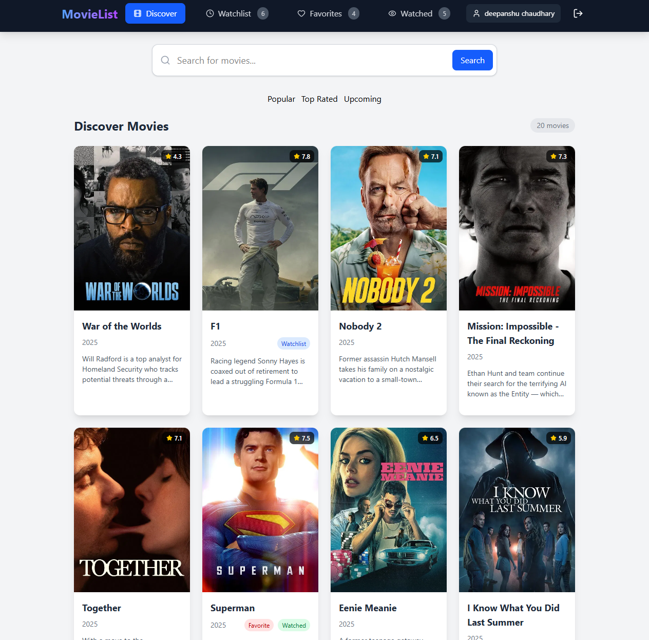 Movie watchlist app screenshot